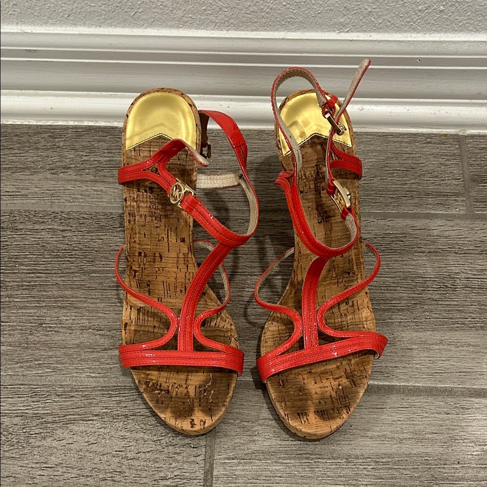 Michael Kors Red Wedge Sandals with Gold Buckles